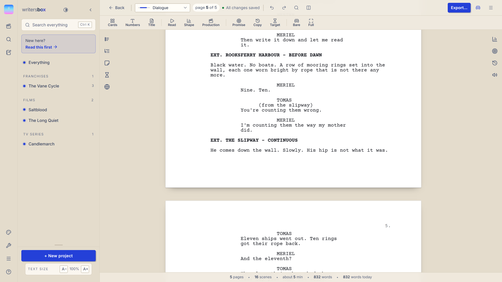 The WritersBox script editor showing a screenplay page in Courier, with scene
                  headings, action, character names and dialogue at their proper indents.