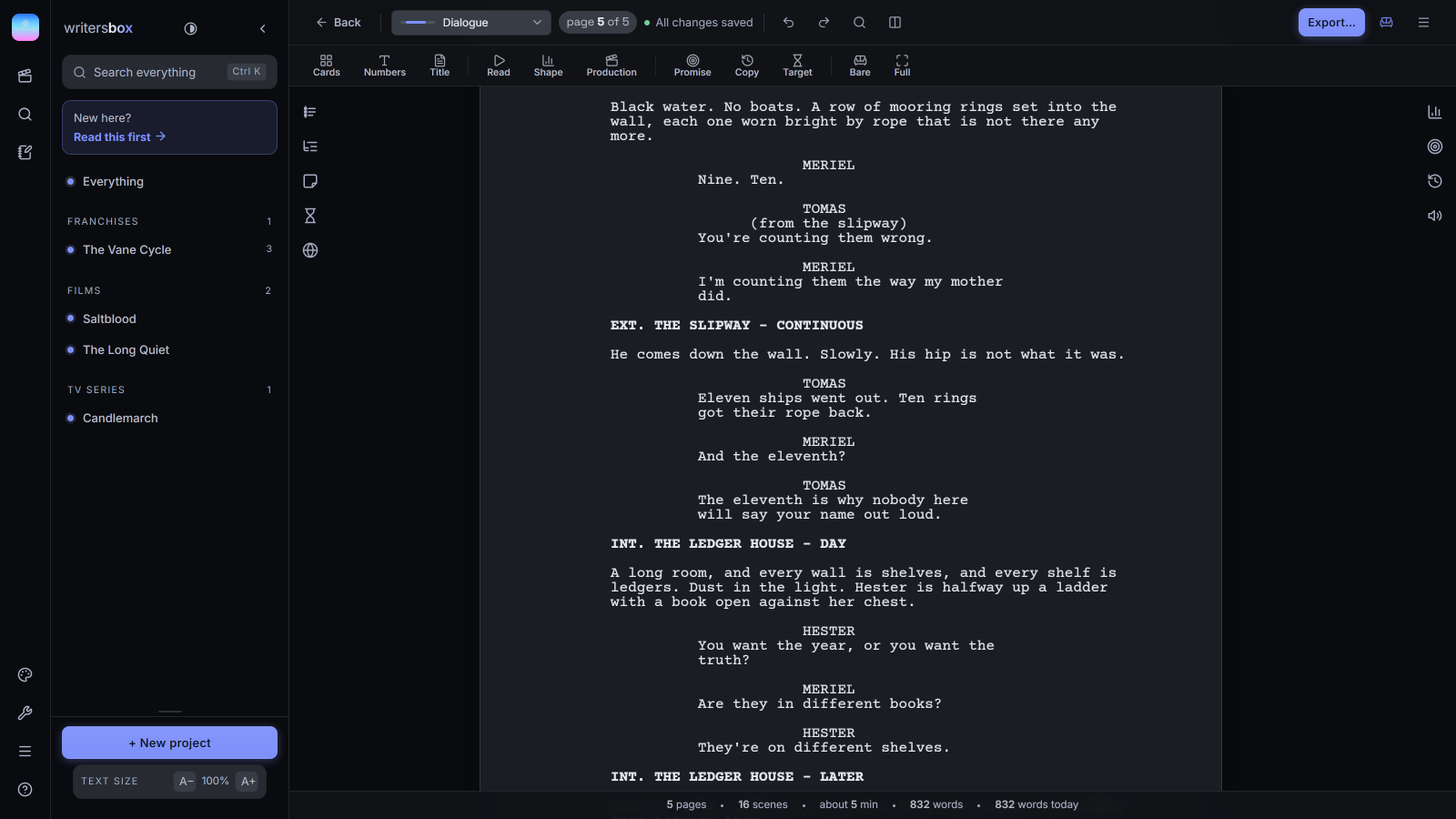 WritersBox in the dark theme.