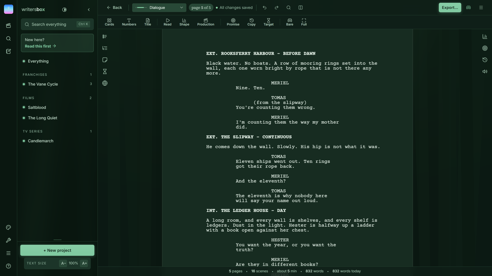 WritersBox in the forest theme.