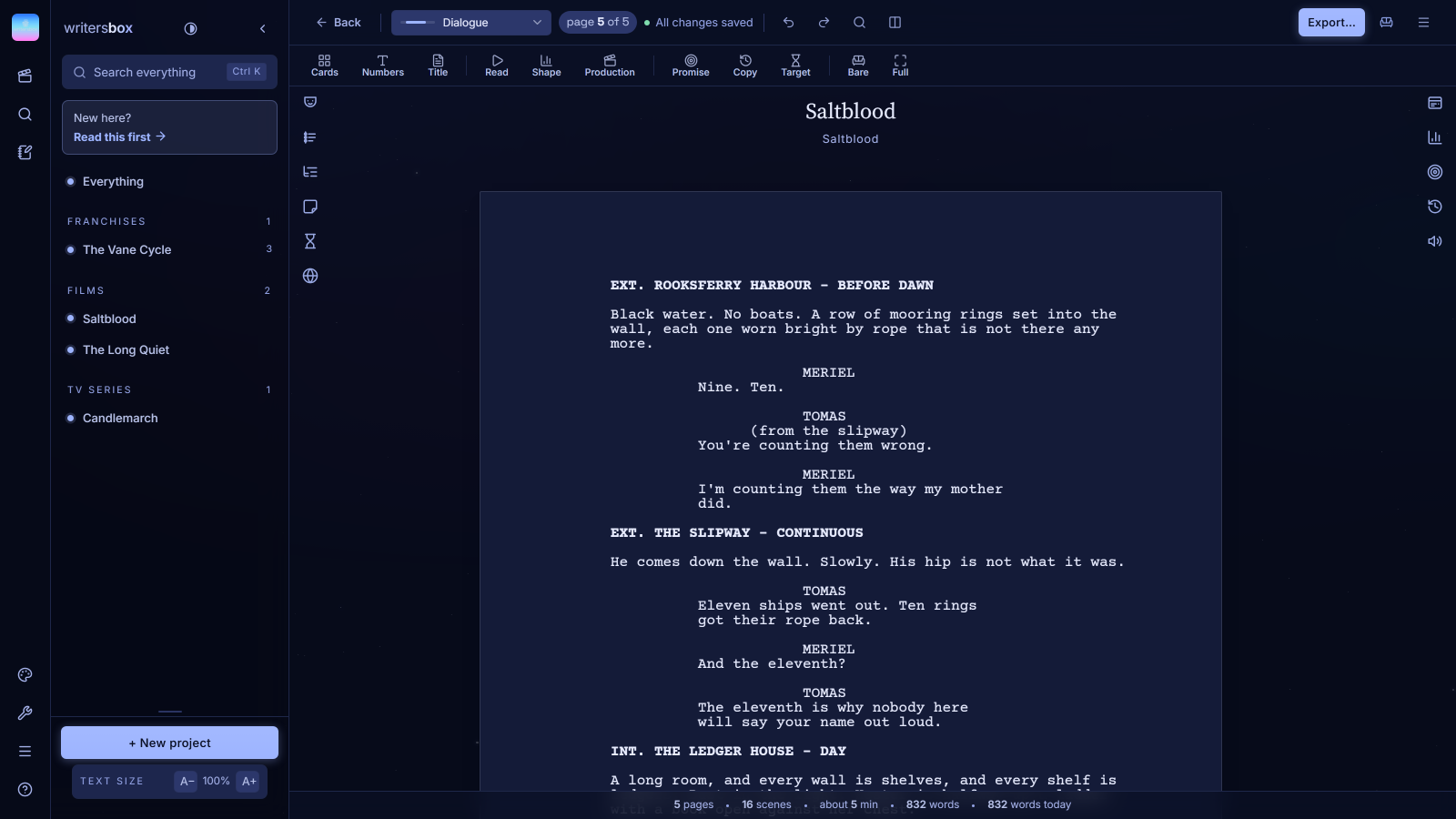 WritersBox in the starry theme.