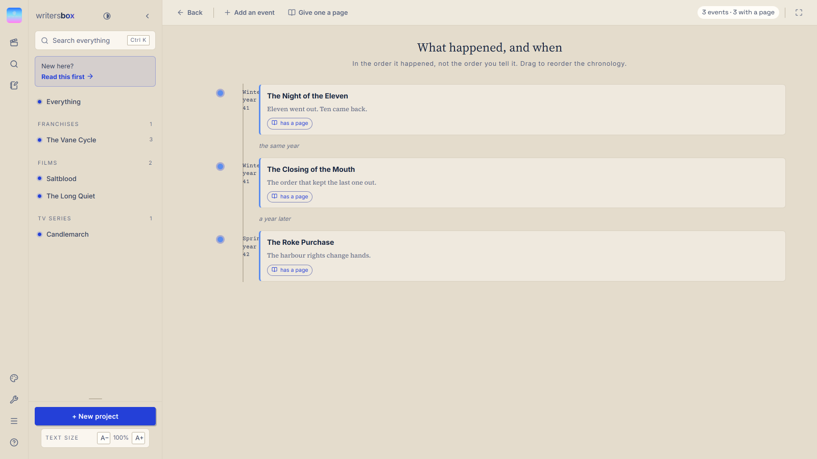 An era timeline in WritersBox showing events across a custom calendar.